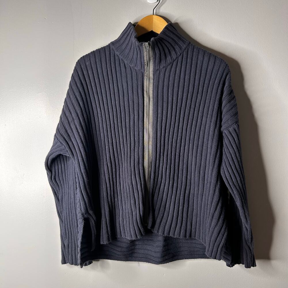bryn Walker Navy Ribbed Zip-Front Sweater Cardigan
